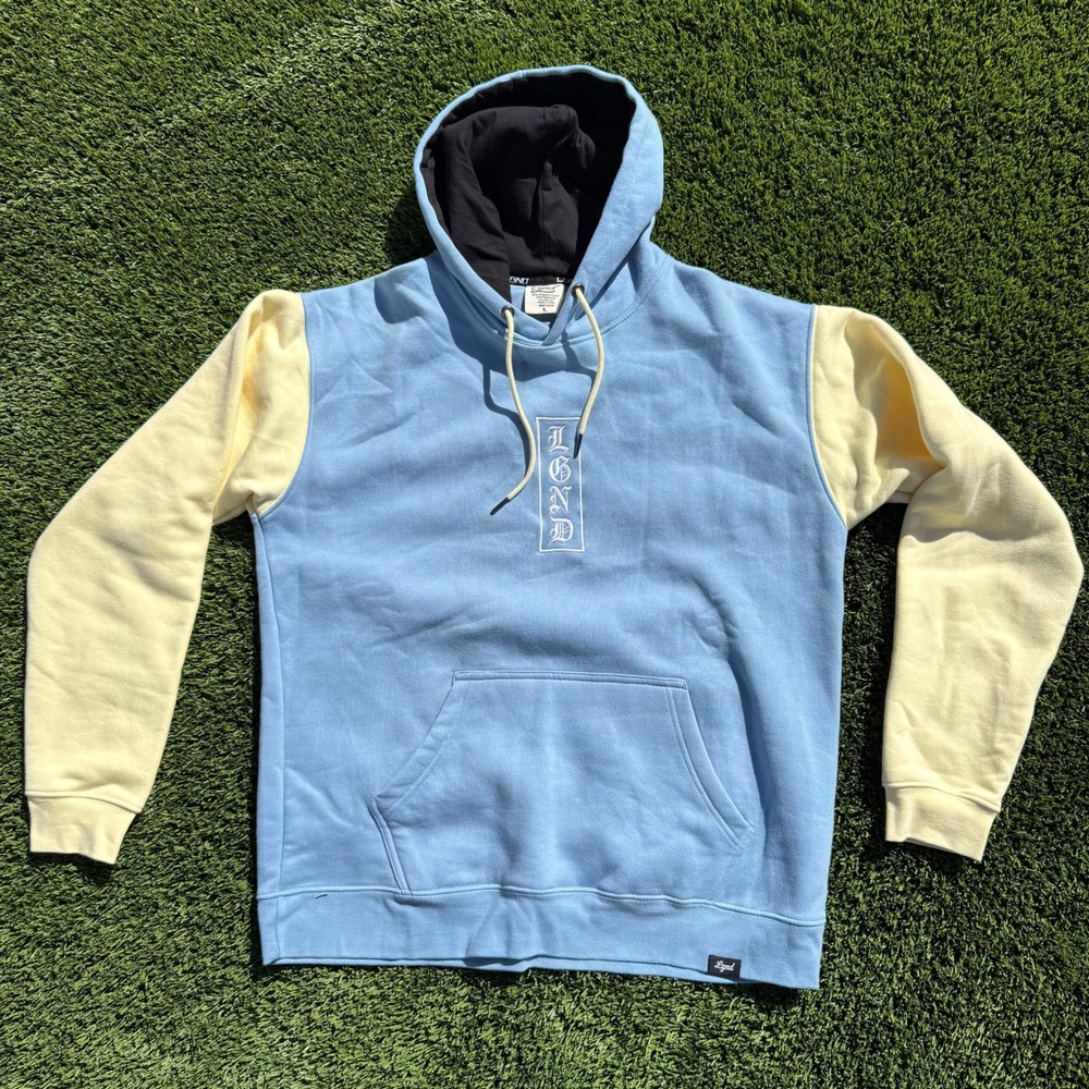 LGND Mens Colorblock Hoodie Blue Yellow Embroidered Logo Sweatshirt Large